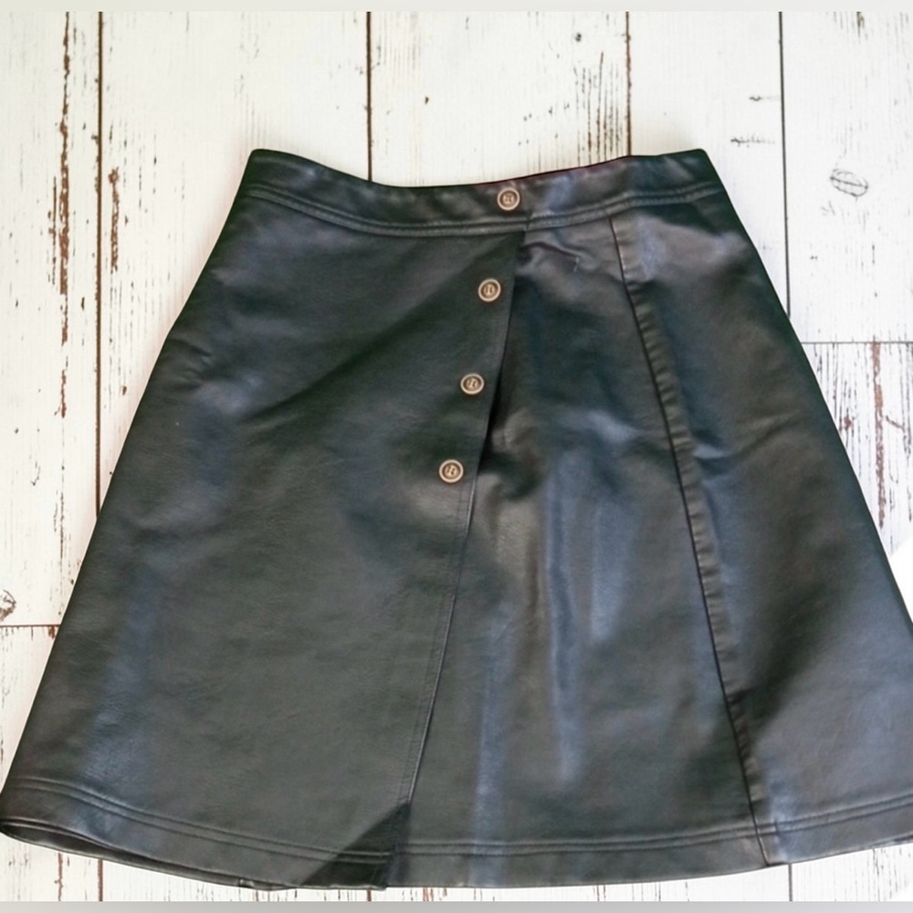 Black Faux Leather A-Line Skirt with Button-Front Accent